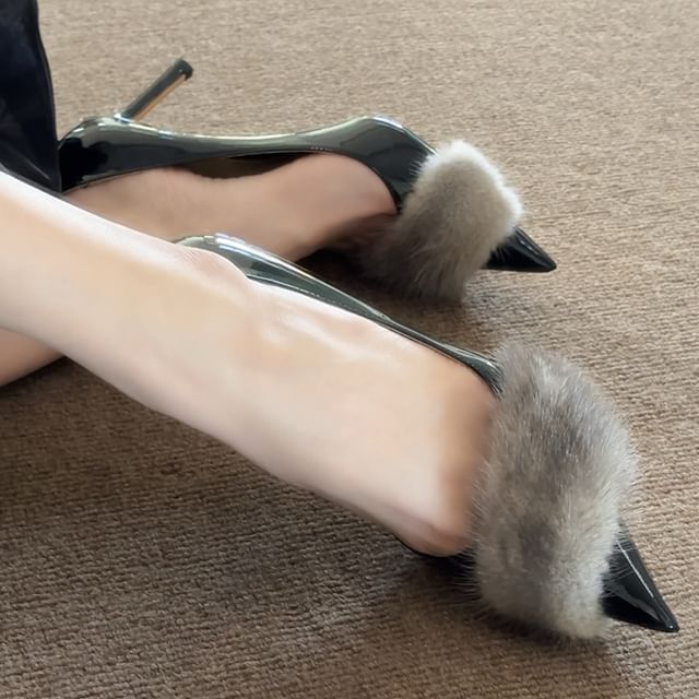 Pointed Patent Fur Stiletto Toe Pumps Panel Leather Faux