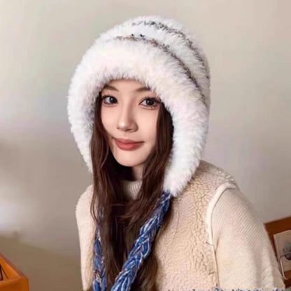 Fluffy Knit Trapper Hat Striped