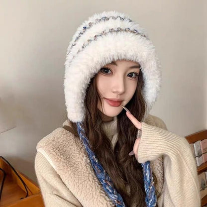 Fluffy Knit Trapper Hat Striped