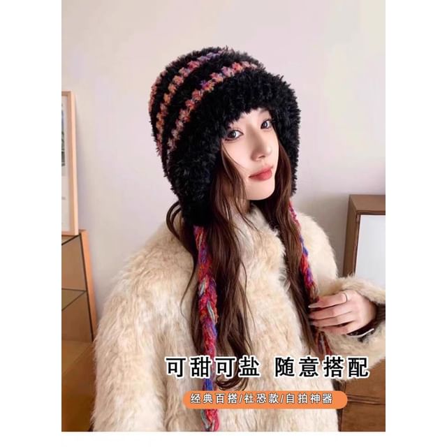 Fluffy Knit Trapper Hat Striped