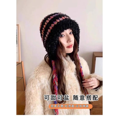 Fluffy Knit Trapper Hat Striped