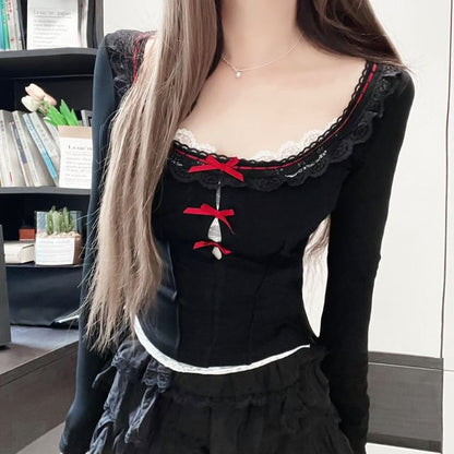Square Lace Trim Neck Top Long-Sleeve