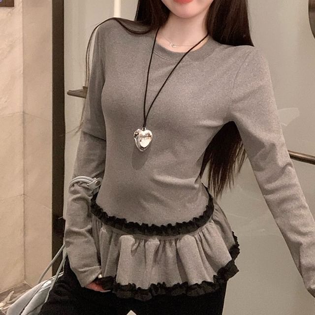 Plain Ruffle Crewneck Top Long-Sleeve