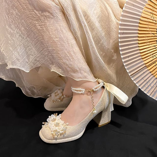 Mary Jane Platform Shoes Heel Faux Floral Chunky Pearl