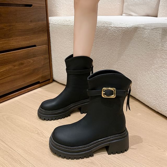 Buckled Chunky Short Heel Boots