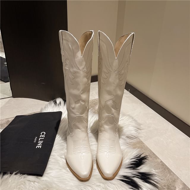 Cowboy Heel Boots Faux Chunky Leather