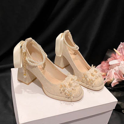 Mary Jane Platform Shoes Heel Faux Floral Chunky Pearl