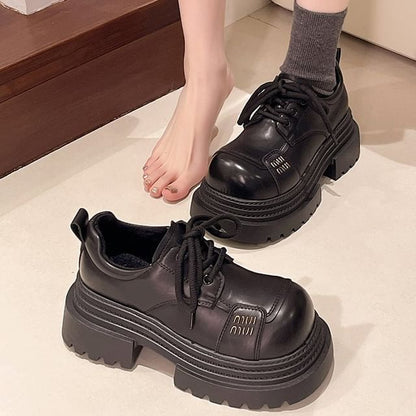 Plain Leather Platform Lace-Up Shoes Faux