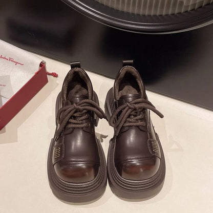 Plain Leather Platform Lace-Up Shoes Faux