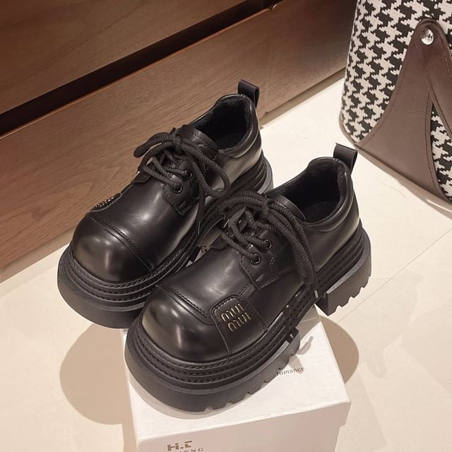 Plain Leather Platform Lace-Up Shoes Faux