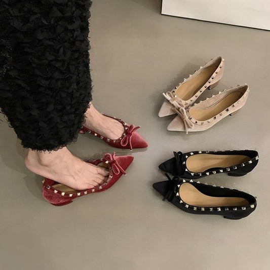 Studded Toe Velvet Pointed Pumps Bow