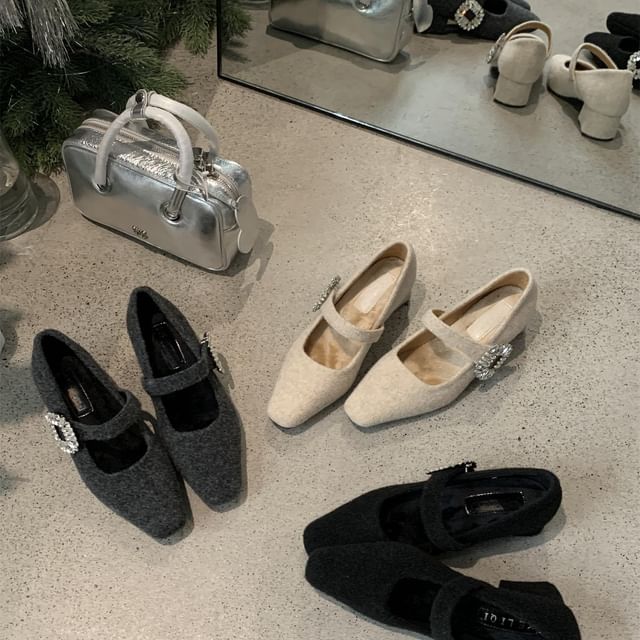 Heel Rhinestone Square Block Buckled Toe Pumps Mary Jane