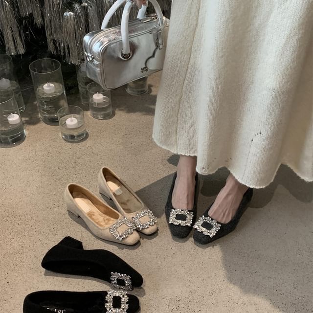 Toe Block Heel Pumps Buckle Square Rhinestone