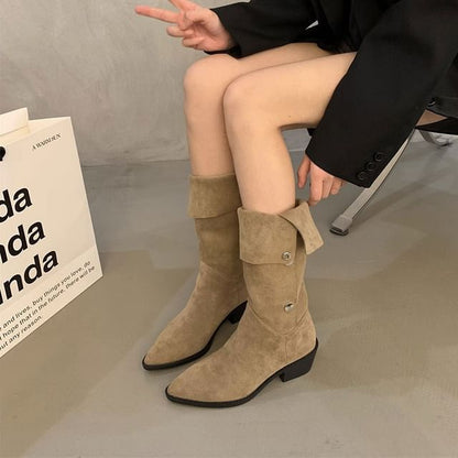 High Boots Button Faux Suede Toe Knee Pointed