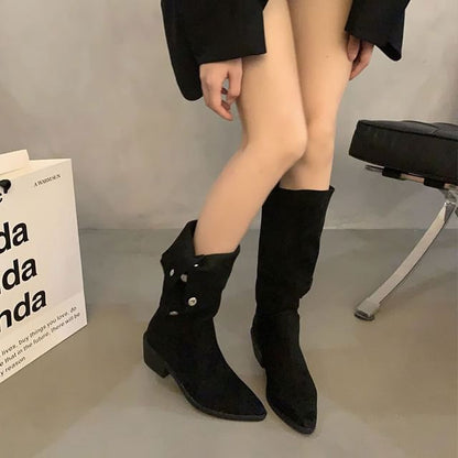 High Boots Button Faux Suede Toe Knee Pointed