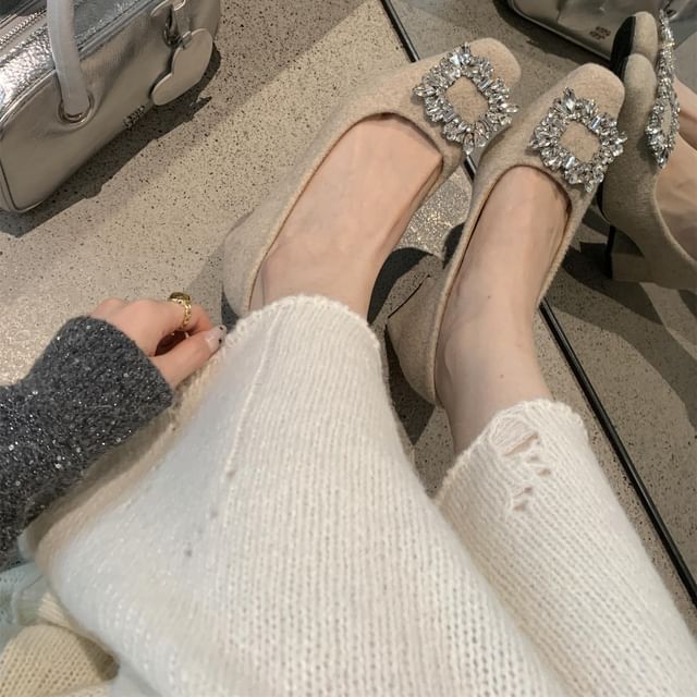 Toe Block Heel Pumps Buckle Square Rhinestone