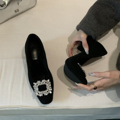 Toe Block Heel Pumps Buckle Square Rhinestone