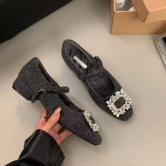 Square Toe Pumps Heel Jane Mary Buckled Block Rhinestone