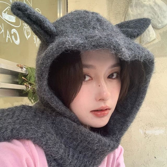 Hooded Plain Scarf Ear Rabbit