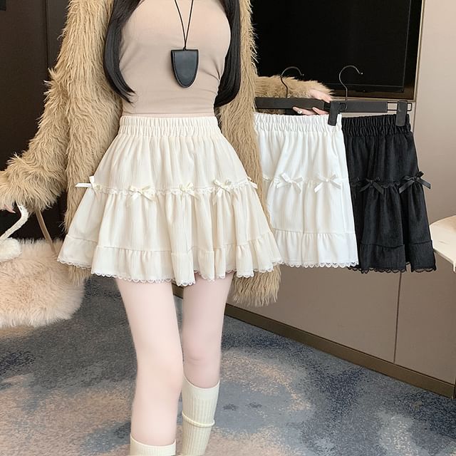 Velvet Accent Skirt Lace Trim Mini Waist Plain High Bow A-Line