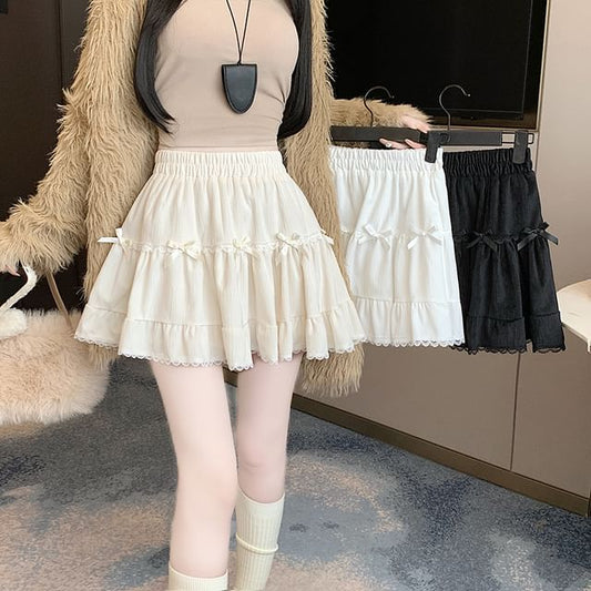 Velvet Accent Skirt Lace Trim Mini Waist Plain High Bow A-Line