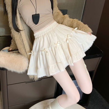 Velvet Accent Skirt Lace Trim Mini Waist Plain High Bow A-Line