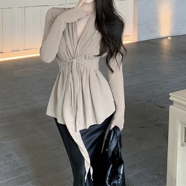 Waist Shawl Tie Plain Collar Cardigan