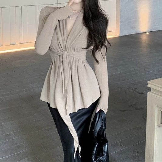 Waist Shawl Tie Plain Collar Cardigan