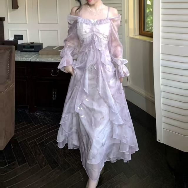 Butterfly Tie Maxi Long-Sleeve Dye Ruffle Dress Accent Shoulder A-Line Trim Cold