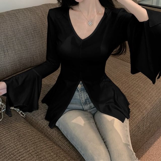 V-Neck Plain Slit Fit T-Shirt Long-Sleeve Slim