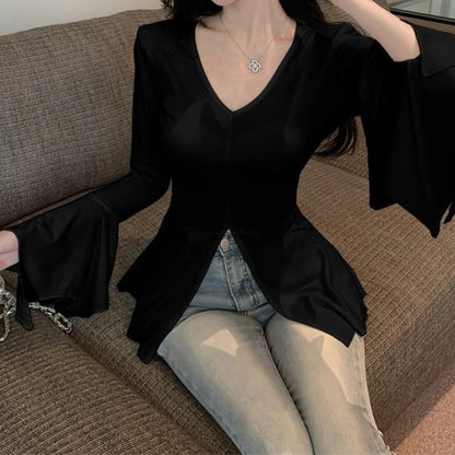 V-Neck Plain Slit Fit T-Shirt Long-Sleeve Slim