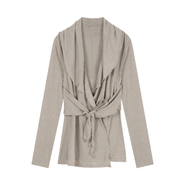 Waist Shawl Tie Plain Collar Cardigan
