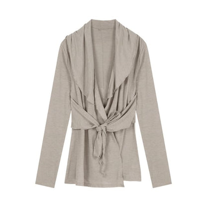 Waist Shawl Tie Plain Collar Cardigan