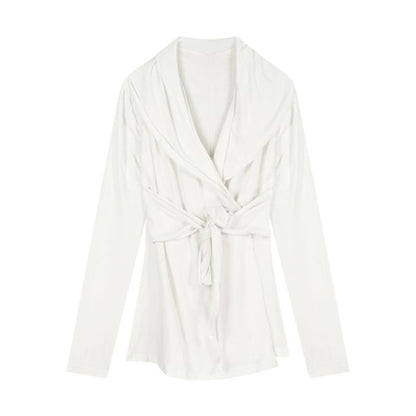 Waist Shawl Tie Plain Collar Cardigan