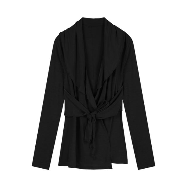 Waist Shawl Tie Plain Collar Cardigan