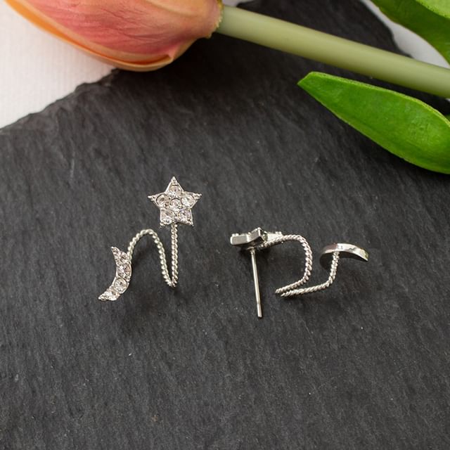 / Earring Clip Star Climber Crescent Rhinestone On