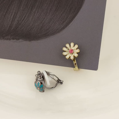 Clip Earring On Enamel / Teapot Flower Stud Asymmetrical