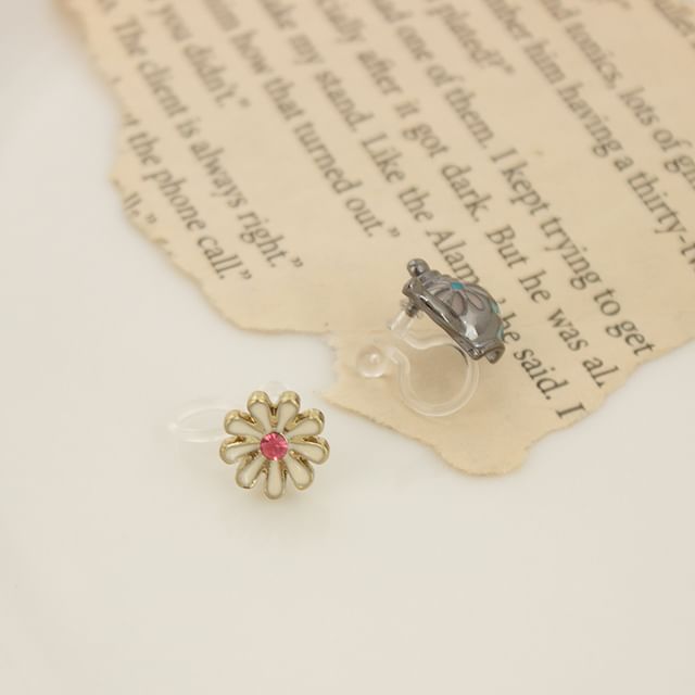 Clip Earring On Enamel / Teapot Flower Stud Asymmetrical