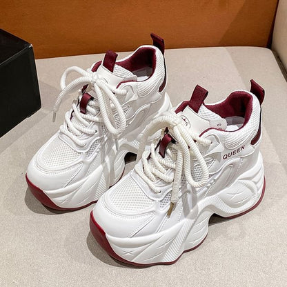 Panel Mesh Leather Wedge Lace-Up Sneakers Faux Hidden