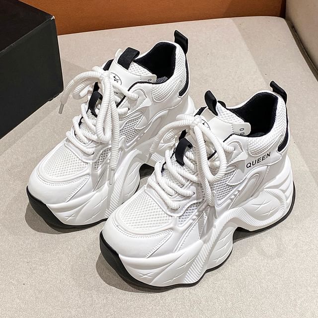 Panel Mesh Leather Wedge Lace-Up Sneakers Faux Hidden
