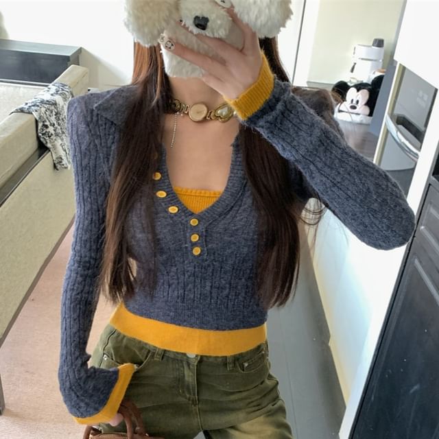 Two-Piece Sweater Cable-Knit Tone Cropped Mock Two Collar