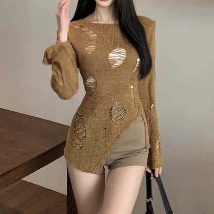 Distressed Crew Knit Sleeve Neck Plain Top Long