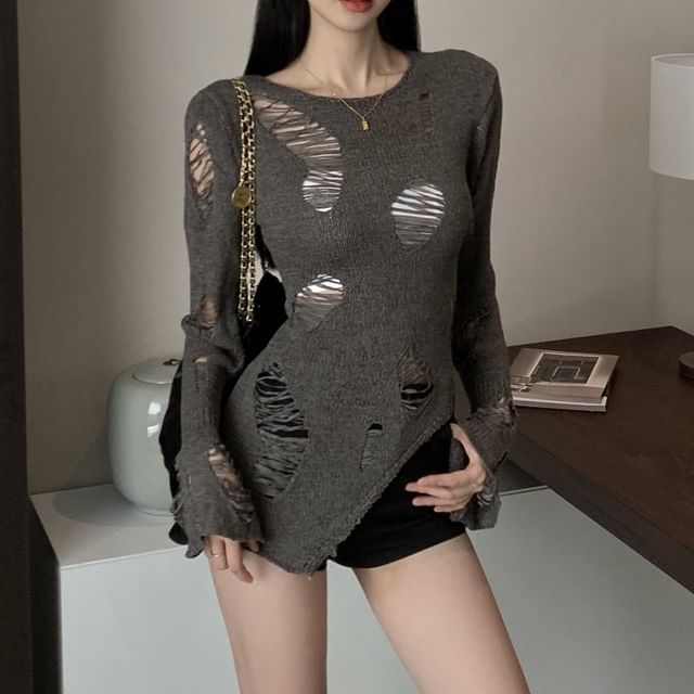 Distressed Crew Knit Sleeve Neck Plain Top Long