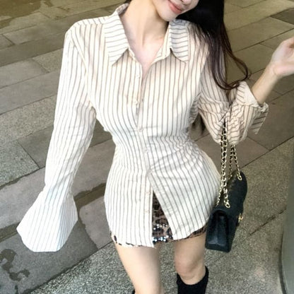 Skirt Waist Striped / Pencil Button Up Collared High Long-Sleeve Print Mini Leopard Shirt