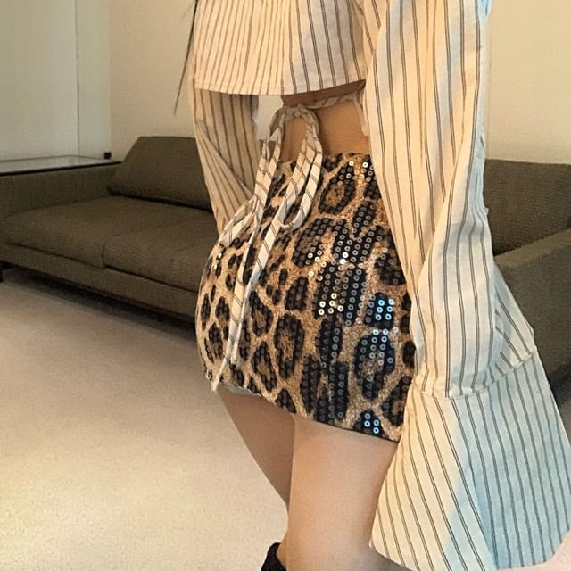 Skirt Waist Striped / Pencil Button Up Collared High Long-Sleeve Print Mini Leopard Shirt