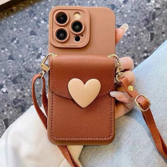 Plain Phone Case / Faux Leather Card Holder / Heart Adhesive Decoration / Lanyard / Set