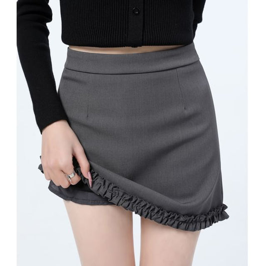 Pencil Mini Skirt Plain Ruffle Trim High Waist
