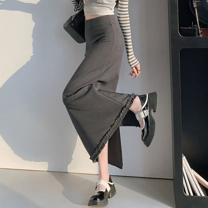 Trim Slit Ruffle Waist A-Line Skirt Plain Midi High