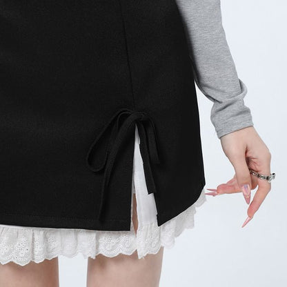 Tone Rise Two Pencil Bow High Slit Mini Skirt