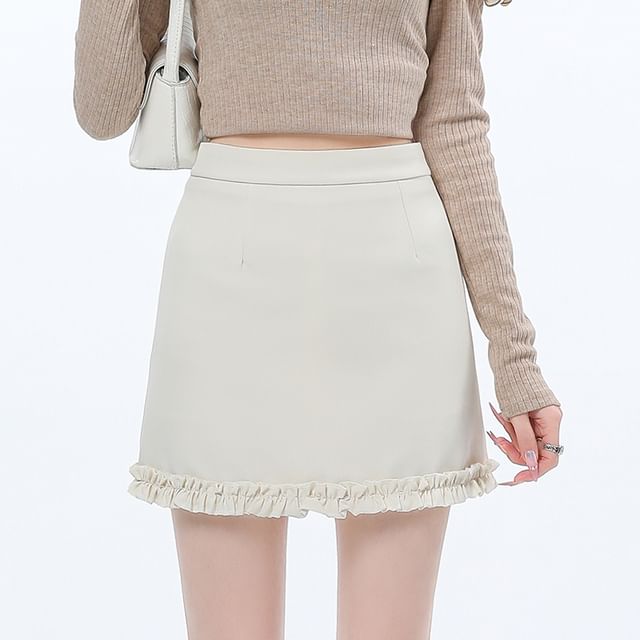 Pencil Mini Skirt Plain Ruffle Trim High Waist